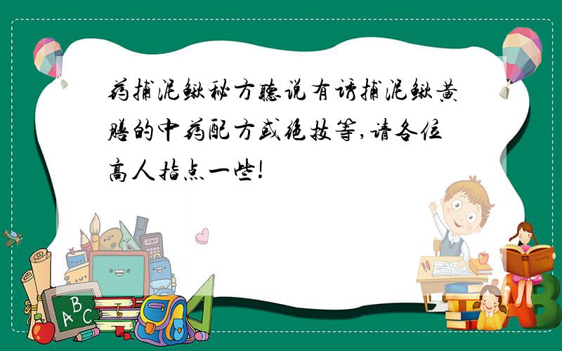 药捕泥鳅秘方听说有诱捕泥鳅黄膳的中药配方或绝技等,请各位高人指点一些!