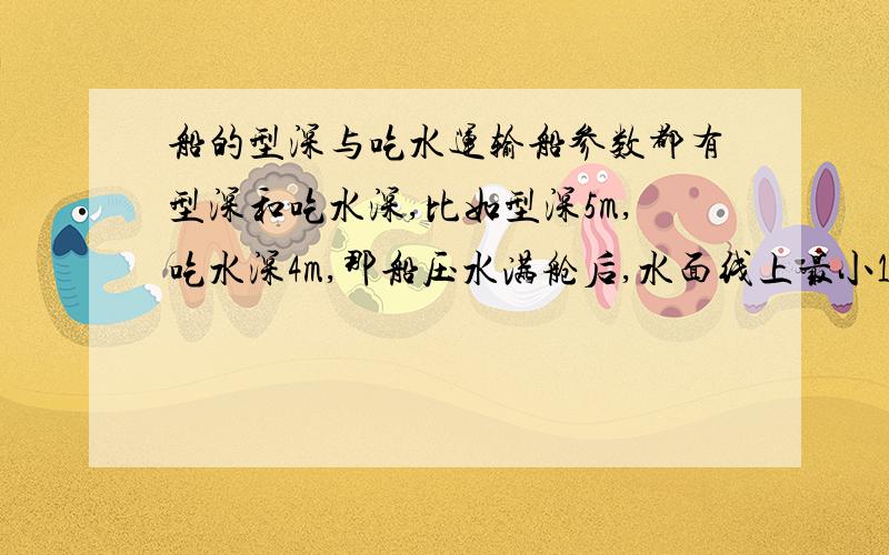 船的型深与吃水运输船参数都有型深和吃水深,比如型深5m,吃水深4m,那船压水满舱后,水面线上最小1m吗?还是说船满载后,不压水吃水4m?我对船舶了解不是专业的,有些专业词语,太生涩了,理解不