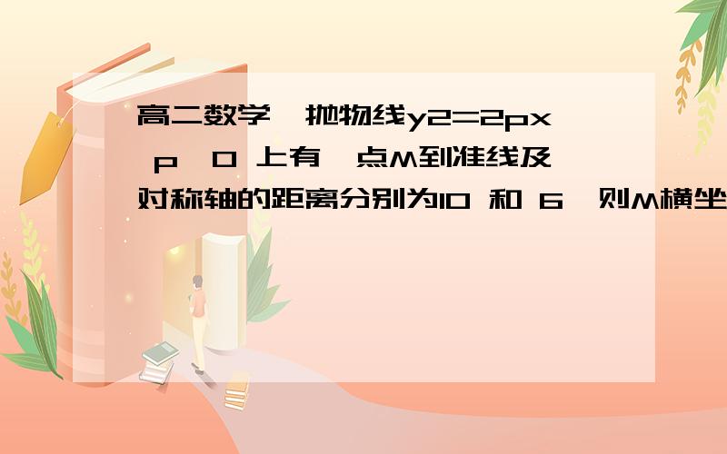 高二数学,抛物线y2=2px p＞0 上有一点M到准线及对称轴的距离分别为10 和 6,则M横坐标为?  写过程