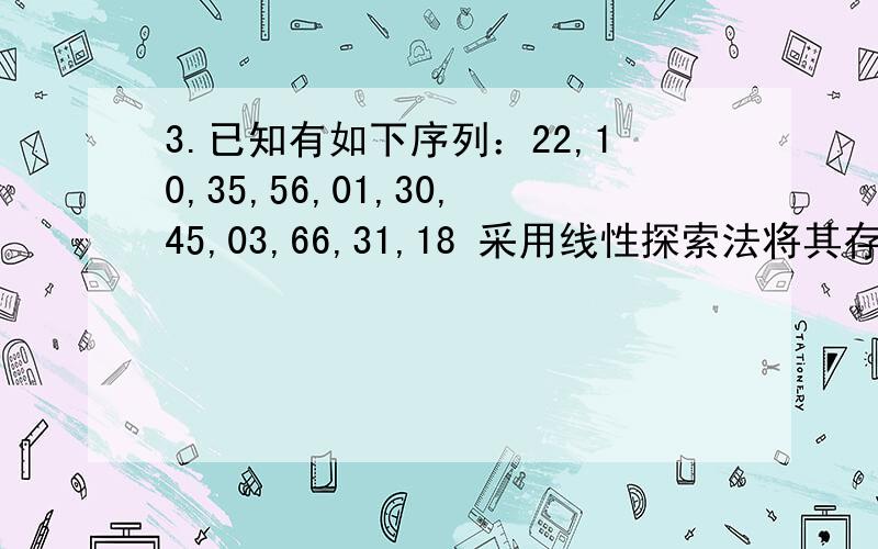 3.已知有如下序列：22,10,35,56,01,30,45,03,66,31,18 采用线性探索法将其存储在A[11]的哈希表3.\x05已知有如下序列：22,10,35,56,01,30,45,03,66,31,18 采用线性探索法将其存储在A[11]的哈希表中,其中哈希表地