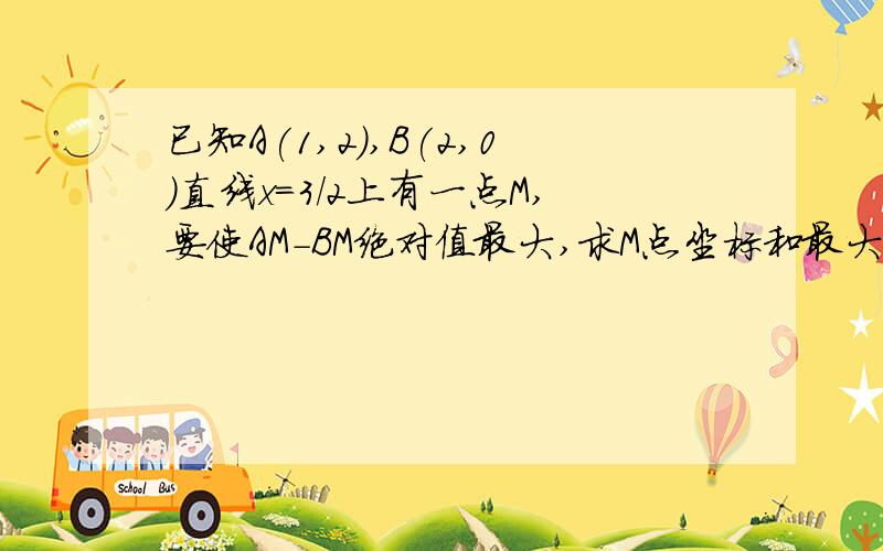 已知A(1,2),B(2,0)直线x=3/2上有一点M,要使AM-BM绝对值最大,求M点坐标和最大值