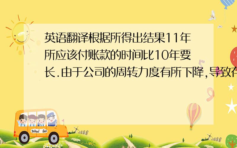 英语翻译根据所得出结果11年所应该付账款的时间比10年要长.由于公司的周转力度有所下降,导致存货无法按期出售使得资金短缺无法支付账款出现公司销售不景气.公司应该从实质出发提高存