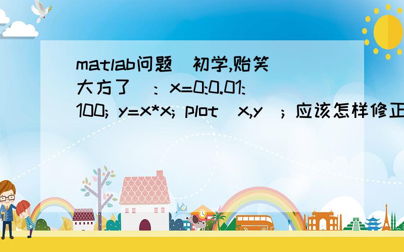 matlab问题（初学,贻笑大方了）：x=0:0.01:100; y=x*x; plot(x,y); 应该怎样修正?