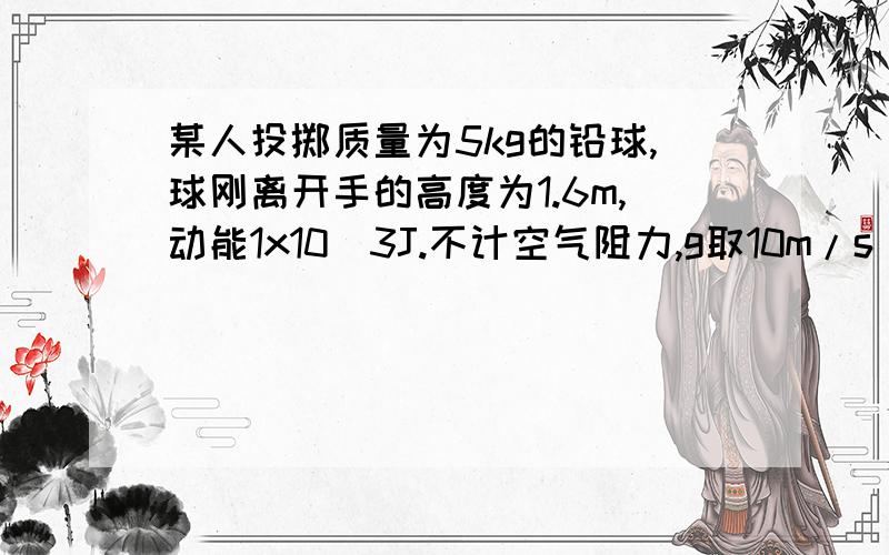 某人投掷质量为5kg的铅球,球刚离开手的高度为1.6m,动能1x10^3J.不计空气阻力,g取10m/s^2.求：（1）球刚离开手时的速度大小；（2）球落地时的动能.