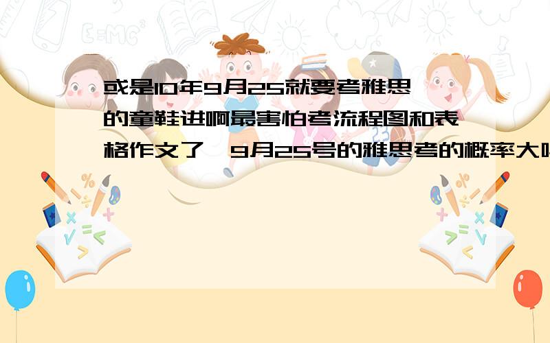 或是10年9月25就要考雅思的童鞋进啊最害怕考流程图和表格作文了…9月25号的雅思考的概率大吗?希望各位同学和研究雅思的老师给点建议啊