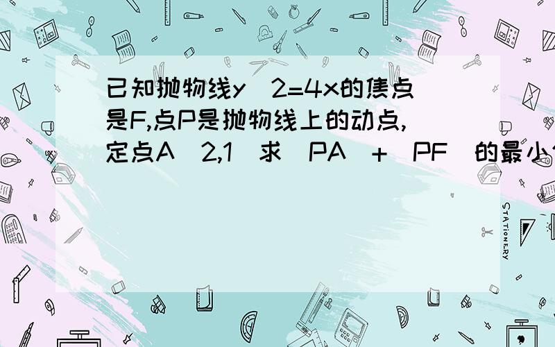 已知抛物线y^2=4x的焦点是F,点P是抛物线上的动点,定点A(2,1)求|PA|+|PF|的最小值,并求出取最小值时点P的坐标小弟想了很久了（过程）