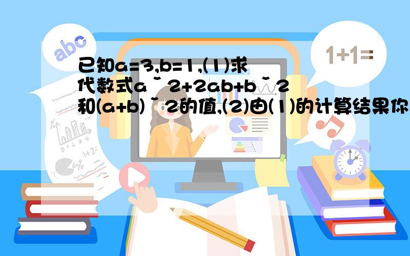 已知a=3,b=1,(1)求代数式aˇ2+2ab+bˇ2和(a+b)ˇ2的值,(2)由(1)的计算结果你能得出什么结论