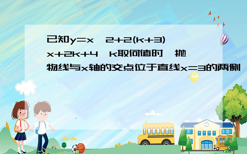 已知y=x^2+2(k+3)x+2k+4,k取何值时,抛物线与x轴的交点位于直线x=3的两侧