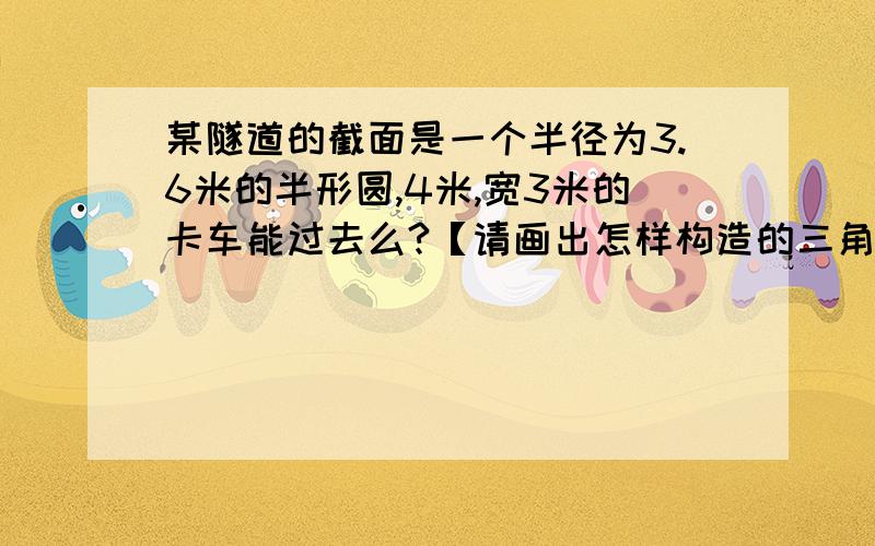 某隧道的截面是一个半径为3.6米的半形圆,4米,宽3米的卡车能过去么?【请画出怎样构造的三角型,