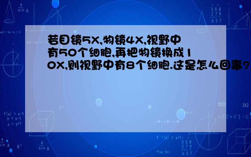 若目镜5X,物镜4X,视野中有50个细胞,再把物镜换成10X,则视野中有8个细胞.这是怎么回事?怎么计算出来的?为什么是这样?