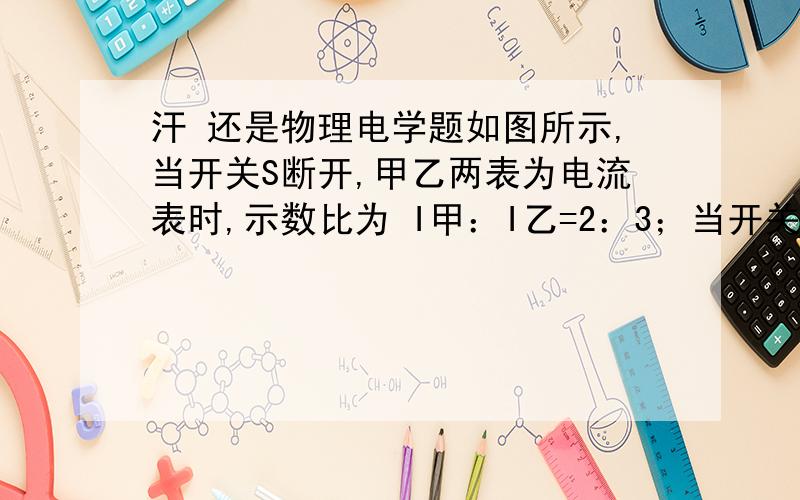 汗 还是物理电学题如图所示,当开关S断开,甲乙两表为电流表时,示数比为 I甲：I乙=2：3；当开关S闭合,甲乙两表为电压表时,则两表的示数比 U甲：U乙为（  ）详细过程和解答 谢谢