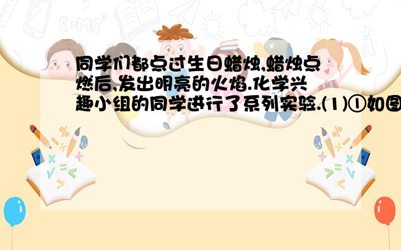 同学们都点过生日蜡烛,蜡烛点燃后,发出明亮的火焰.化学兴趣小组的同学进行了系列实验.(1)①如图1,点燃一支蜡烛,看到的主要现象有：____（填字母）a．发出黄色火焰 b．生成的水顺着蜡烛