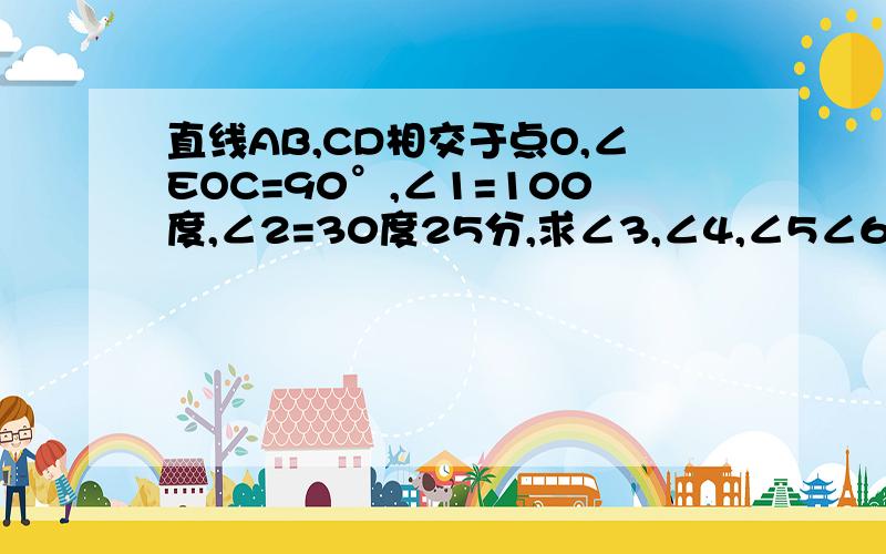 直线AB,CD相交于点O,∠EOC=90°,∠1=100度,∠2=30度25分,求∠3,∠4,∠5∠6的度数