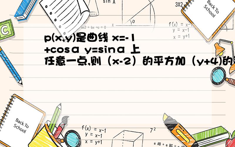 p(x,y)是曲线 x=-1+cosα y=sinα 上任意一点,则（x-2）的平方加（y+4)的平方的最大值是多少