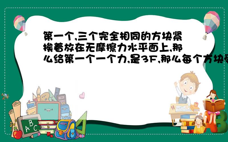 第一个,三个完全相同的方块紧挨着放在无摩擦力水平面上,那么给第一个一个力,是3F,那么每个方块受到的力就是一个F?每个方块的加速度等于整个系统的加速度.我想我理解的没错吧,要是有错