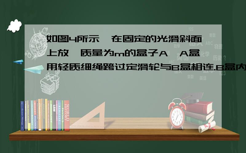 如图4所示,在固定的光滑斜面上放一质量为m的盒子A,A盒用轻质细绳跨过定滑轮与B盒相连.B盒内放着一个质量也为m的物体.如果把这个物体改放在A盒内,则系统的加速度为原来的一半且方向相反