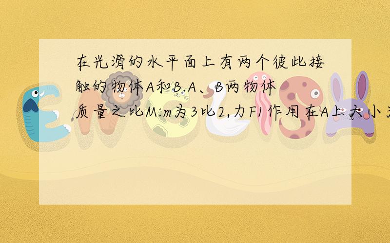 在光滑的水平面上有两个彼此接触的物体A和B.A、B两物体质量之比M:m为3比2,力F1作用在A上大小为3牛.F2作用在B上大小为2牛.求A与B之间的相互作用力大小、