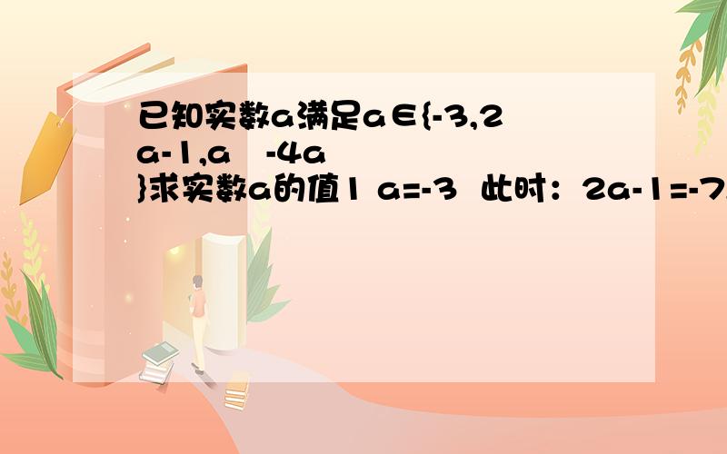 已知实数a满足a∈{-3,2a-1,a²-4a}求实数a的值1 a=-3  此时：2a-1=-7, a^2-4a=21   集合中元素互异,故a可以等于-32  a=2a-1解得 a=1 此时：a^2-4a=-3     集合中元素重复,故a不能等于13 a=a^2-4a 移项 得a^2-5a=0