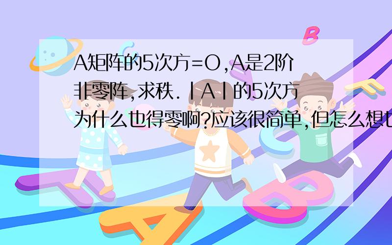 A矩阵的5次方=O,A是2阶非零阵,求秩.|A|的5次方为什么也得零啊?应该很简单,但怎么想也没想明白!