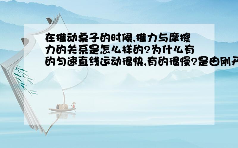 在推动桌子的时候,推力与摩擦力的关系是怎么样的?为什么有的匀速直线运动很快,有的很慢?是由刚开始的推力决定的吗?如果给一个物体不断加30N的力,它一直会保持加速运动吗?这时候摩擦力