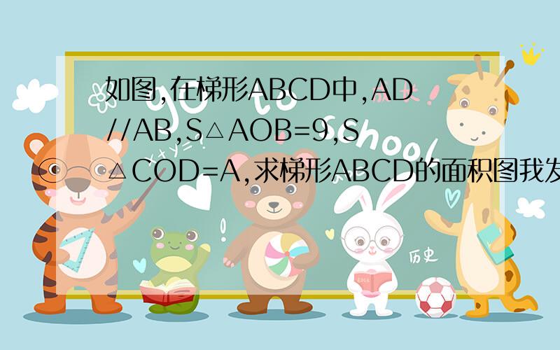 如图,在梯形ABCD中,AD//AB,S△AOB=9,S△COD=A,求梯形ABCD的面积图我发不了 口述下 一个梯形 两个对角线连起来 就是 4个三角形了 对角线 交点为O 梯形上边是 D C 下边是 AB 反正用相似的