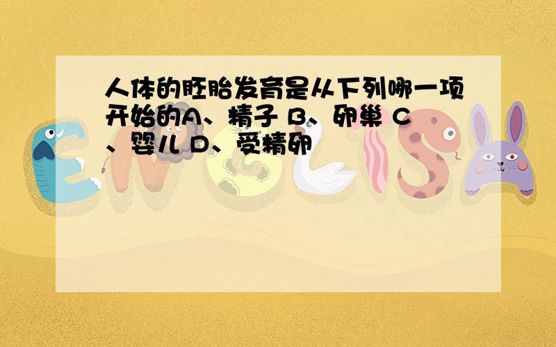 人体的胚胎发育是从下列哪一项开始的A、精子 B、卵巢 C、婴儿 D、受精卵