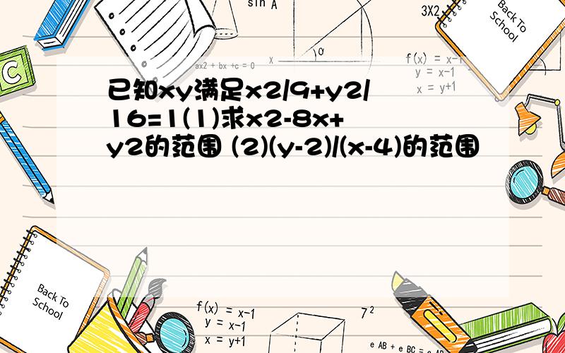 已知xy满足x2/9+y2/16=1(1)求x2-8x+y2的范围 (2)(y-2)/(x-4)的范围