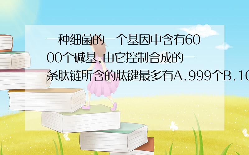 一种细菌的一个基因中含有6000个碱基,由它控制合成的一条肽链所含的肽键最多有A.999个B.1000个C.1999个D.2000个终止密码子不是不对应氨基酸的吗？