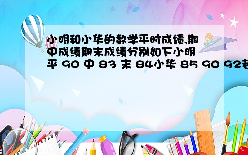 小明和小华的数学平时成绩,期中成绩期末成绩分别如下小明 平 90 中 83 末 84小华 85 90 92若比例为 2;4;6 那么总分谁最高