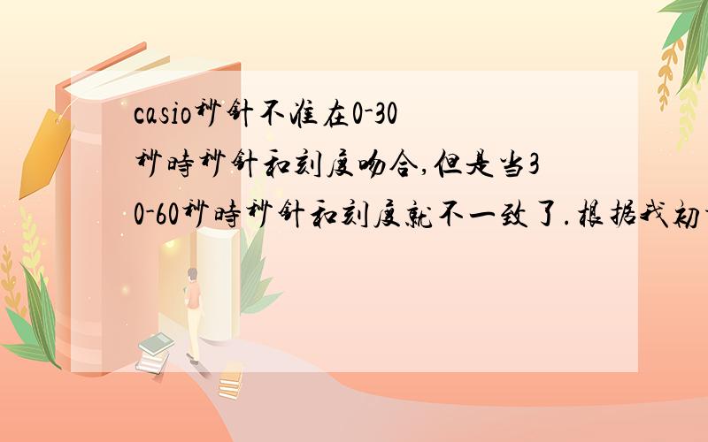 casio秒针不准在0-30秒时秒针和刻度吻合,但是当30-60秒时秒针和刻度就不一致了.根据我初步观察得出出现这种现象的原因是：重力对秒针的影响使秒针无法到达指定刻度.但是走60秒的时间是准