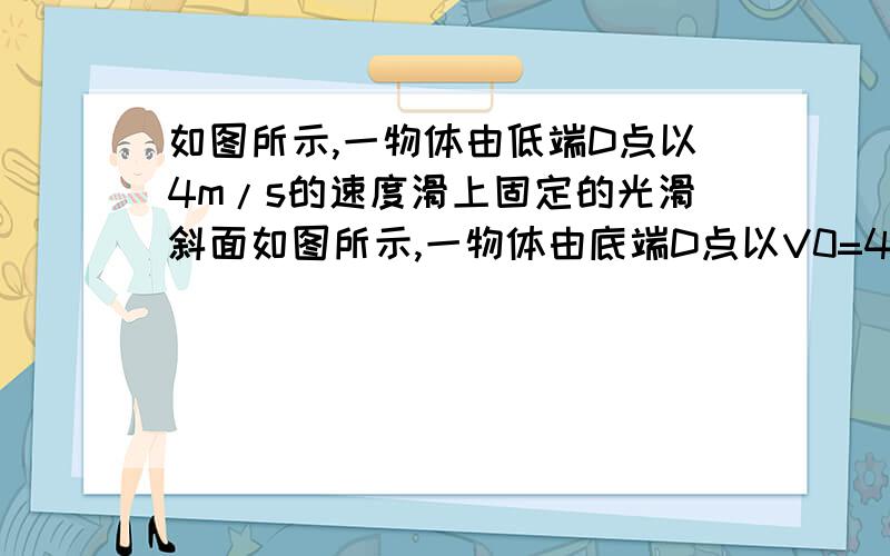 如图所示,一物体由低端D点以4m/s的速度滑上固定的光滑斜面如图所示,一物体由底端D点以V0=4m/s的速度匀减速滑上固定的光滑斜面,途径A、B两点.已知物体在A点时的速度是B点时的2倍；由B点再