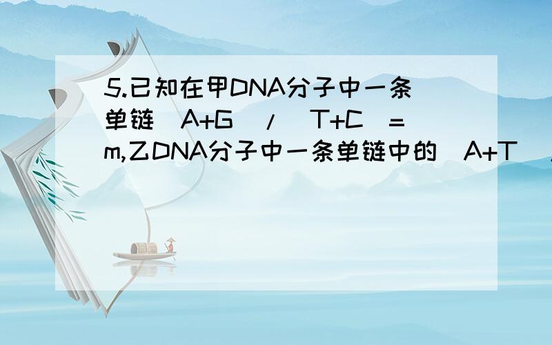 5.已知在甲DNA分子中一条单链（A+G）/（T+C）=m,乙DNA分子中一条单链中的（A+T）/（G+C）=n,分别求甲、乙两DNA分子中各自的另一条链中对应的碱基比例分别是?A.m、1/n B1/m、n C m、1 D1、n