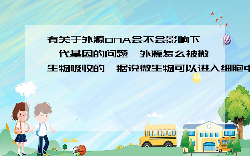 有关于外源DNA会不会影响下一代基因的问题,外源怎么被微生物吸收的,据说微生物可以进入细胞中.我想请问外源DNA会不会通过细菌影响下一代基因,具体是影响男女性细胞.比如精子的DNA片段,