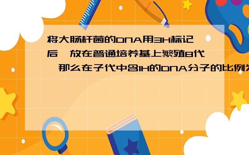 将大肠杆菌的DNA用3H标记后,放在普通培养基上繁殖8代,那么在子代中含1H的DNA分子的比例为1,