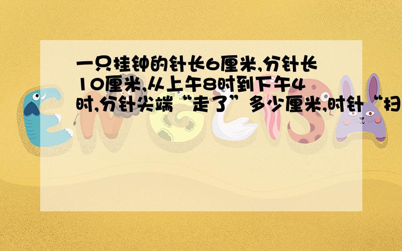 一只挂钟的针长6厘米,分针长10厘米,从上午8时到下午4时,分针尖端“走了”多少厘米,时针“扫过”的面积