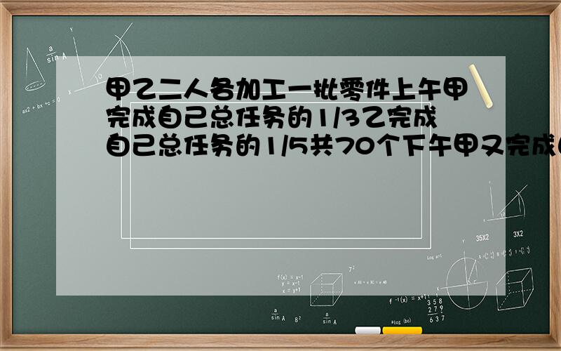 甲乙二人各加工一批零件上午甲完成自己总任务的1/3乙完成自己总任务的1/5共70个下午甲又完成自己总任务的1/4乙完成自己总任务的1/3下午共加工80个.甲乙加工零件各多少个?