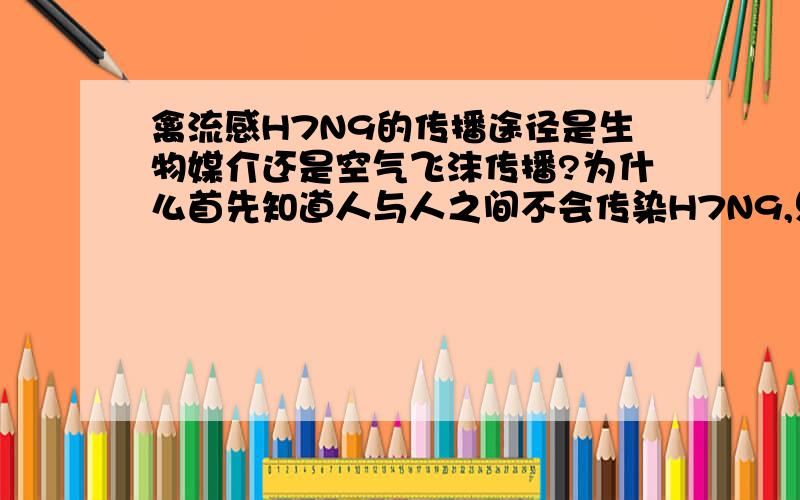 禽流感H7N9的传播途径是生物媒介还是空气飞沫传播?为什么首先知道人与人之间不会传染H7N9,只有人与禽类过度接触才会传染.