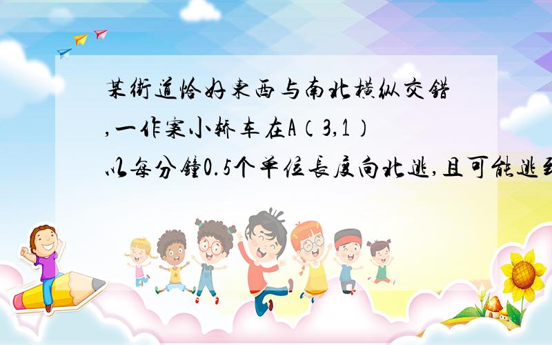 某街道恰好东西与南北横纵交错,一作案小轿车在A（3,1）以每分钟0.5个单位长度向北逃,且可能逃到点B（3,6）处后改为向东逃窜,此时正在点C（5,－1）处巡逻警车立即以每分0.7个单位长度速度