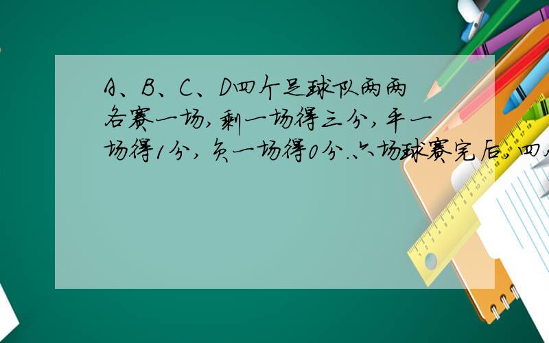 A、B、C、D四个足球队两两各赛一场,剩一场得三分,平一场得1分,负一场得0分.六场球赛完后,四个队得分各不相同.A队未败一场,且打败了B队,可B队得了冠军；C的名次在D之前,则D队得了几分,最好