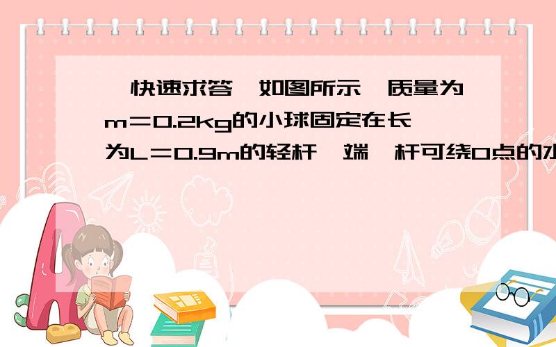 【快速求答】如图所示,质量为m＝0.2kg的小球固定在长为L＝0.9m的轻杆一端,杆可绕O点的水平转轴在竖直平面内转动,g＝10m/s2求：（1） 当小球在最高点的速度为多大时?球对杆的作用力为零?（2