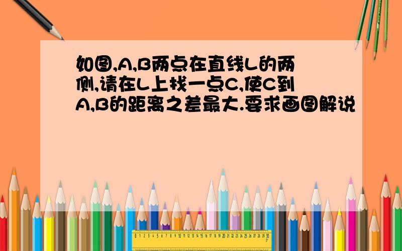 如图,A,B两点在直线L的两侧,请在L上找一点C,使C到A,B的距离之差最大.要求画图解说