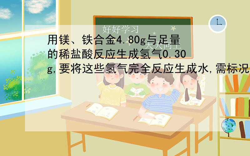 用镁、铁合金4.80g与足量的稀盐酸反应生成氢气0.30g,要将这些氢气完全反应生成水,需标况下空气的体积是多少?（已知：空气的组成是氮气和氧气,且V（氮气）：V（氧气）=4:1）0.3*2=0.15mol0.15*5=