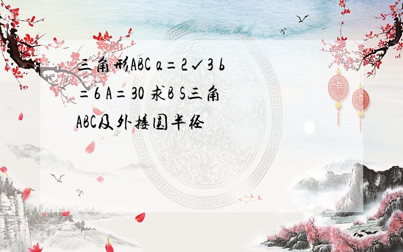 三角形ABC a=2√3 b=6 A=30 求B S三角ABC及外接圆半径