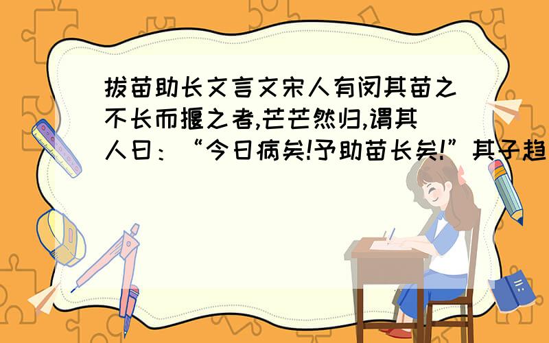 拔苗助长文言文宋人有闵其苗之不长而揠之者,芒芒然归,谓其人曰：“今日病矣!予助苗长矣!”其子趋而往视之,苗则槁矣.天下之不助苗长者寡矣.以为无益而舍之者,不耘苗者也；助之长者,揠