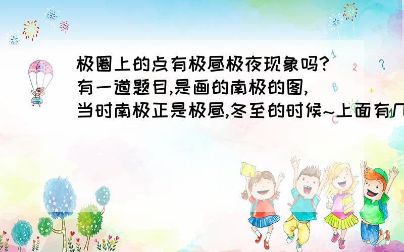 极圈上的点有极昼极夜现象吗?有一道题目,是画的南极的图,当时南极正是极昼,冬至的时候~上面有几个点,其中有一个点是在南极圈上的,66.5°,正好和晨昏线相切~问题是写出不能转入夜半球的