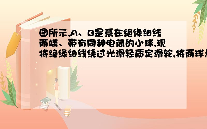 图所示,A、B是系在绝缘细线两端、带有同种电荷的小球,现将绝缘细线绕过光滑轻质定滑轮,将两球悬挂起来.滑轮固定于硬杆的一端,滑轮很小,可将滑轮看作O点.两球平衡时,OA的线长等于OB的线