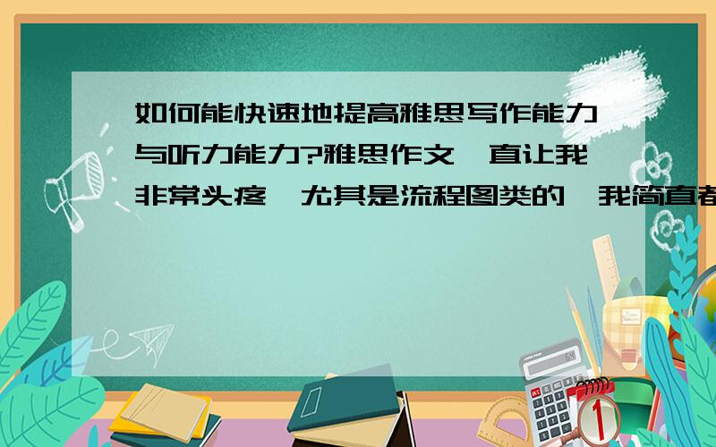 如何能快速地提高雅思写作能力与听力能力?雅思作文一直让我非常头疼,尤其是流程图类的,我简直都不知道应该如何下手!复习和备考书籍也都一直在买、在看,但是感觉对自己的帮助并不是