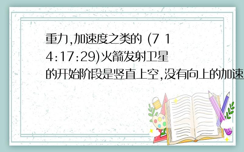 重力,加速度之类的 (7 14:17:29)火箭发射卫星的开始阶段是竖直上空,没有向上的加速度为a=5m/s2      卫星中用弹簧秤悬挂以质量为9千克的物体.当卫星升空到某高处时,弹簧秤