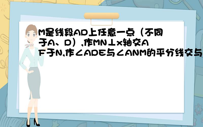 M是线段AD上任意一点（不同于A、D）,作MN⊥x轴交AF于N,作∠ADE与∠ANM的平分线交与点P,在前面条件下得出下列结论：1.∠P-∠MAN的值不变 2.∠P的值不变 可以证明,其中只有一个结论是正确的,请