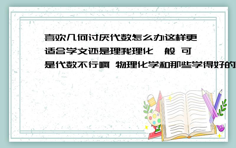 喜欢几何讨厌代数怎么办这样更适合学文还是理我理化一般 可是代数不行啊 物理化学和那些学得好的男生比就没优势了 函数头疼死了··那个 关于找老公的问题应该不用考虑··嘿嘿